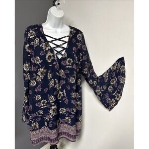 Women's XL Floral‎ Popover V Neck Tunic Top Bell Long Sleeve Lined Cottagecore